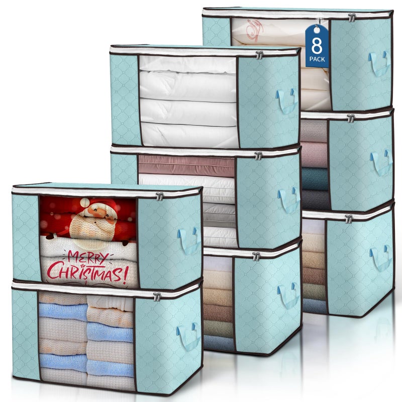 Budding Joy 90L Large Storage Bags  8 Pack Clothes Storage Bins Foldable Closet Organizer Storage Containers with Durable Handles Storage and Organization  Blanket  Pillows and Toys (Blue) - Image 1